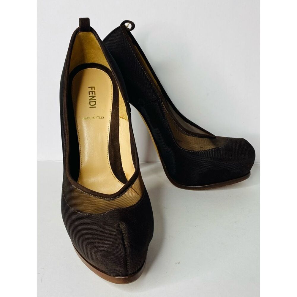 Fendi Chocolate Brown Mesh and Suede High Heel Platform Pumps. Authentic